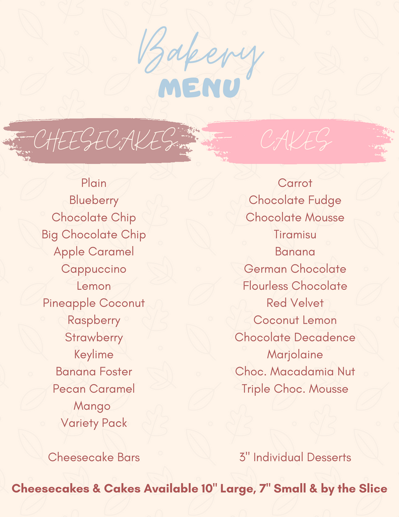 jr dessert bakery menu